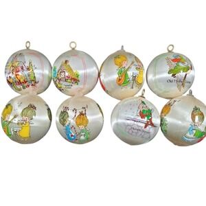 8 Satin Christmas Ornaments Nursery Rhyme Mother Goose Humpty Dumpty Cream Vtg